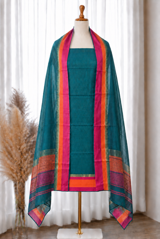 Teal Temple Border Unstitched Suit Set
