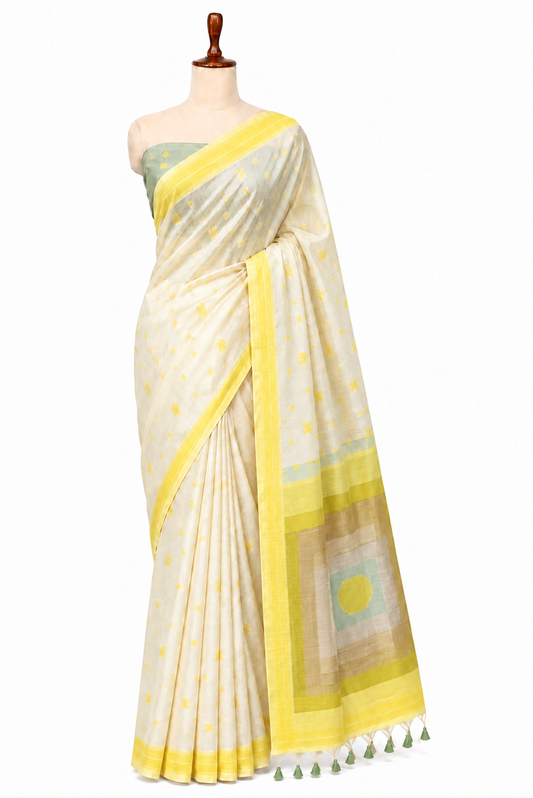 Colour-Block Pallu Ikat Saree in Lemon