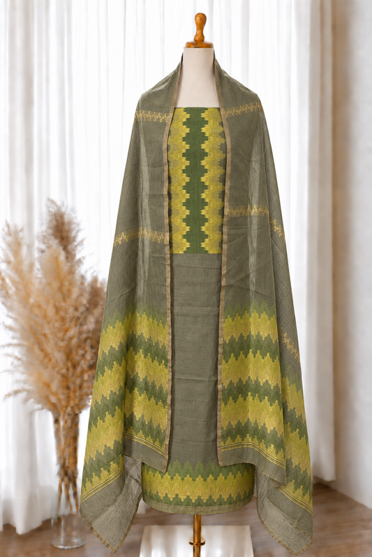 Olive Green Ikkat Viscose Unstitched Suit Set