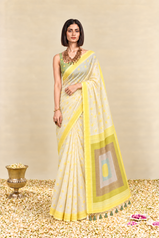 Colour-Block Pallu Ikat Saree in Lemon