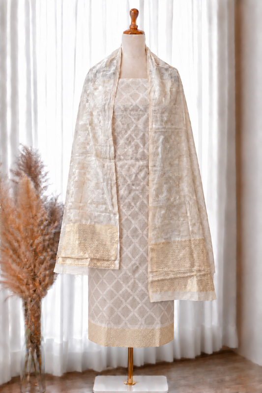 White Linen Jamdani Unstitched Suit with Geometric Dupatta