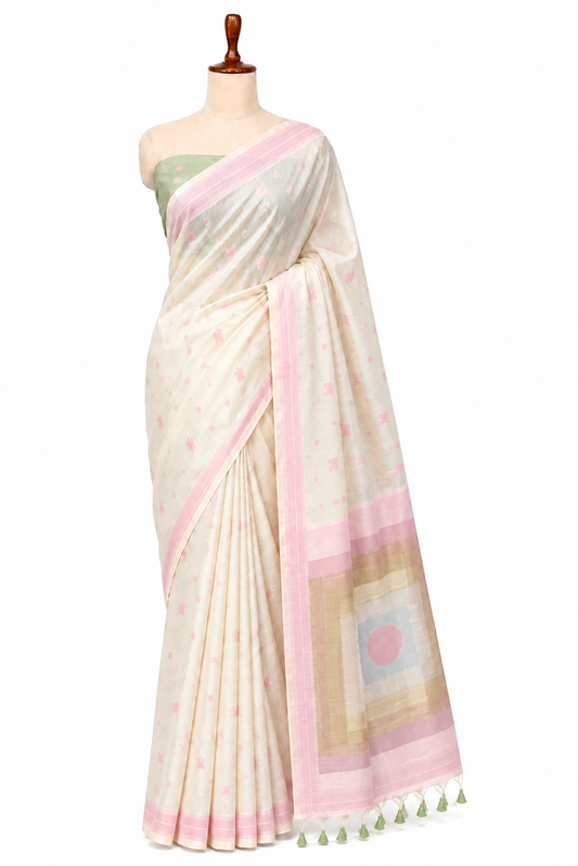 Colour-Block Pallu Ikat Saree in Blush Pink