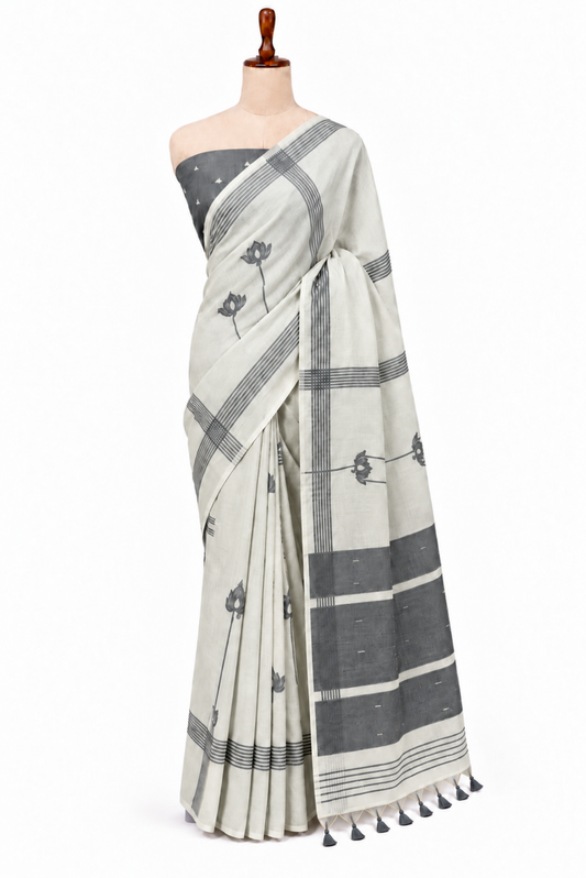 Noor-e-Kamal Off-White Grey Polyester Jacquard Saree