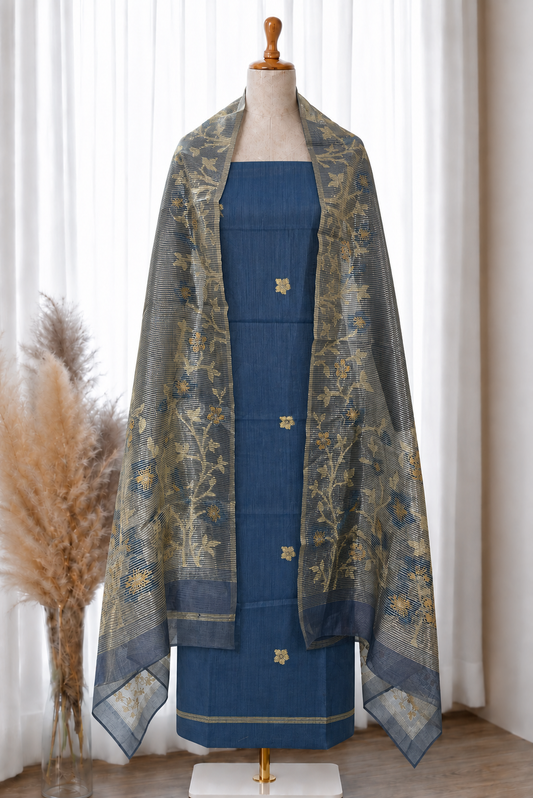 Steel Blue Marble Jacquard Woven Viscose Suit Set