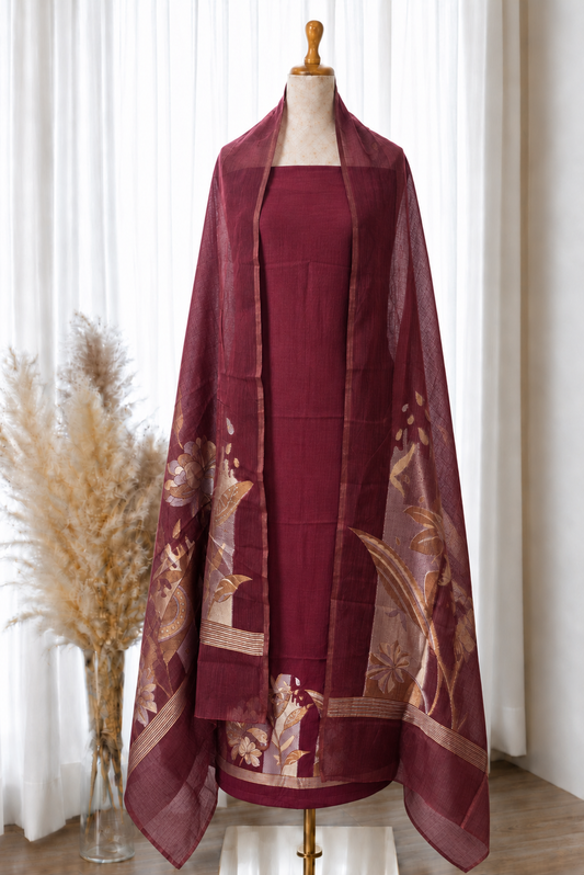 Wine Gold Floral Jamdani Viscose Set