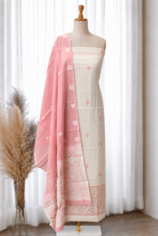 White Pink Floral Jamdani Linen Set