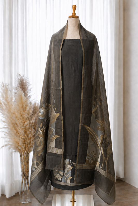 Black Gold Floral Jamdani Viscose Set
