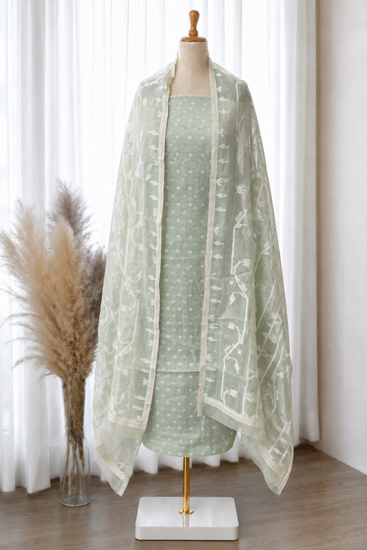 Light Sage Green Cotton Jamdani Top with Dupatta