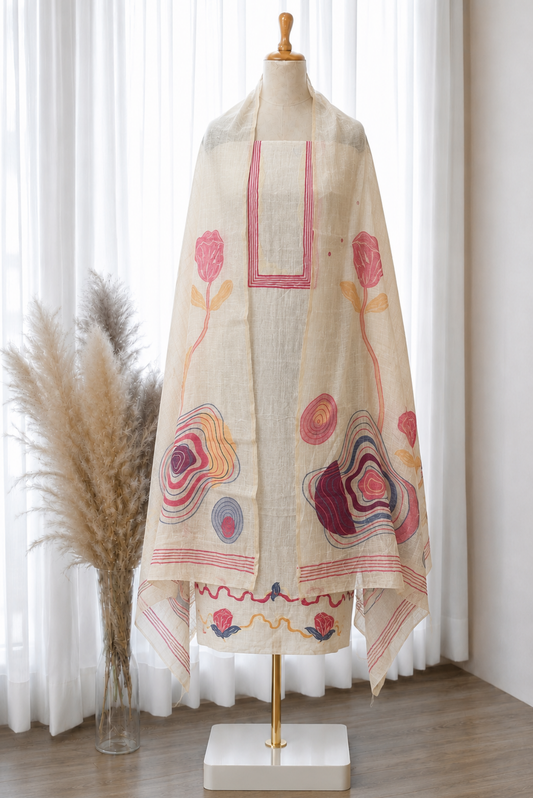 Multicolour Jacquard Jamdani Linen Set in White & Dark Pink