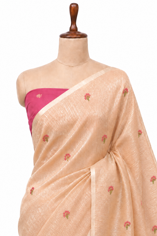 Mayura Vasant Spun Polyester Jamdani Peach Saree.