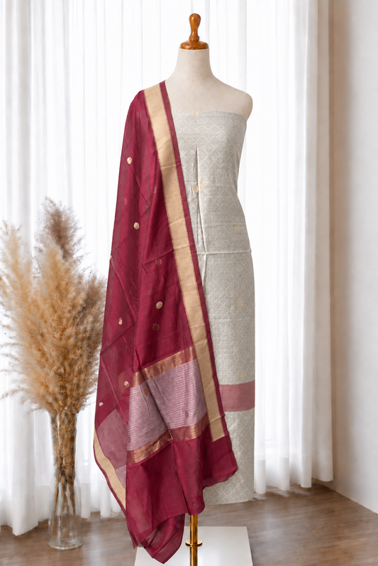 Grey Maroon Jamdani Jacquard Viscose Set