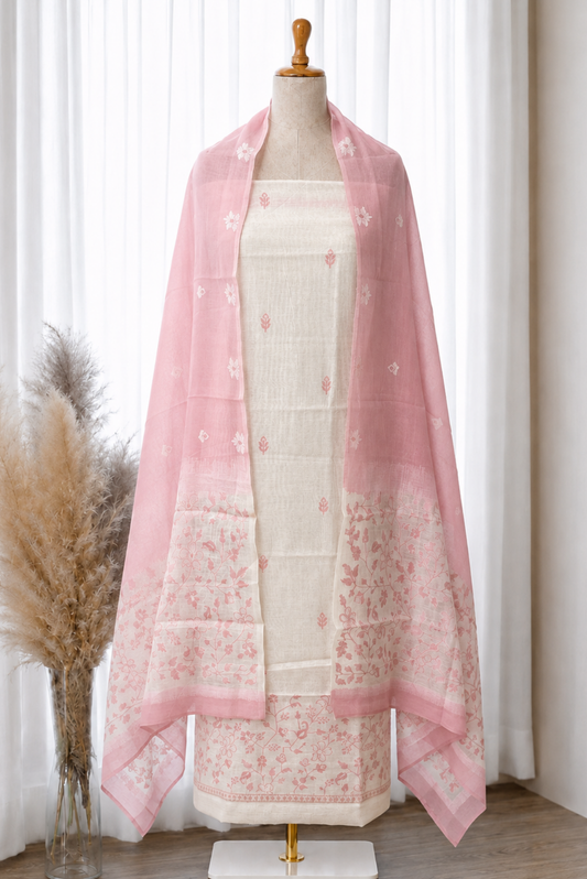 White Pink Floral Jamdani Linen Set