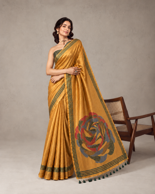 Mustard Gold Tissue Saree with Abstract Rose Pallu