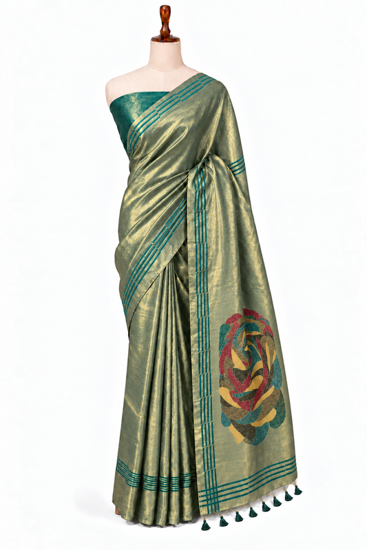 Sage Gold Tissue Saree with Abstract Rose Pallu