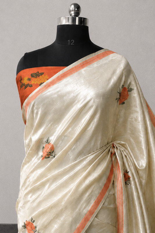 Ivory Tissue Saree with Coral Rose Weave