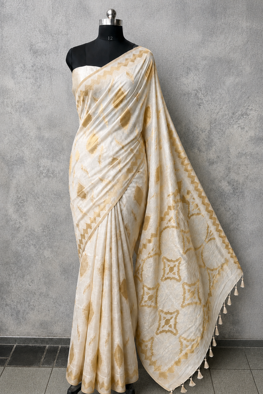 Ivory + Gold Geometric Jacquard Saree