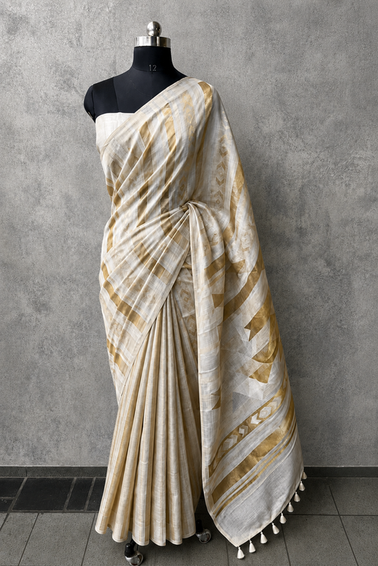 Ivory + Gold Striped Jacquard Saree