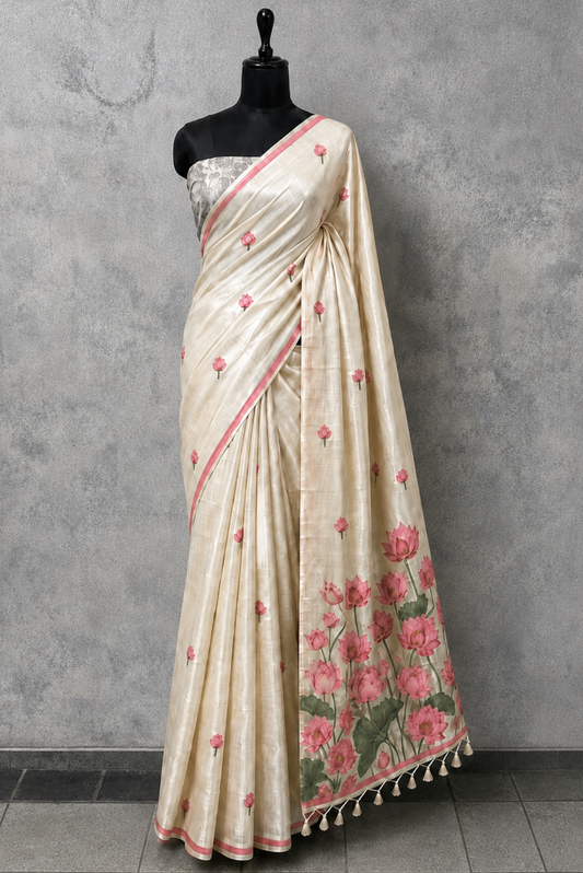 Ivory Tissue Saree with Lotus Jacquard Pallu