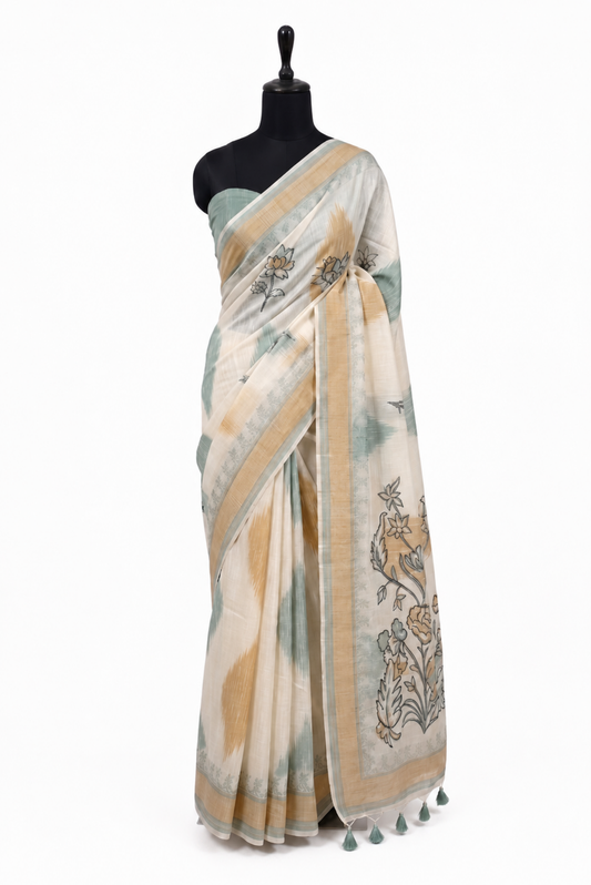 Rang Kavya Poly Linen Ikkat Mint Honey Saree