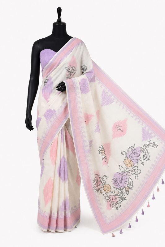 Rang Kavya Poly Linen Ikkat Lavender Pink Saree