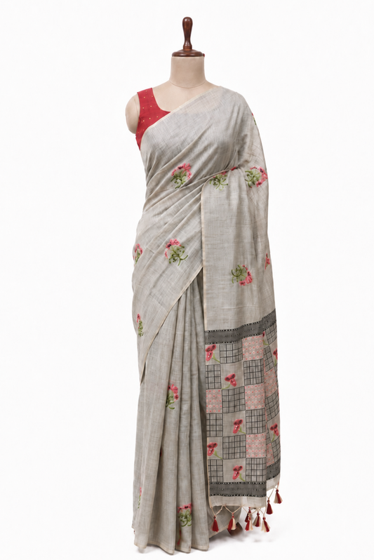 Iraaya Cotton Blend Jamdani Grey Saree