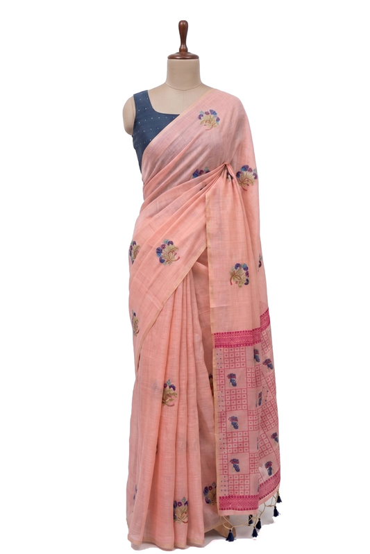 Iraaya Cotton Blend Jamdani Baby Pink Saree