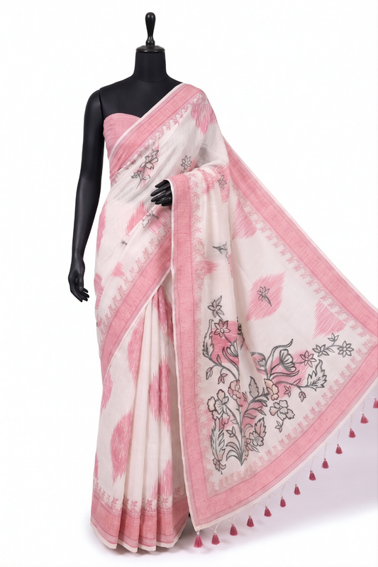 Rang Kavya Poly Linen Ikkat Raspberry Sunsetorange Saree