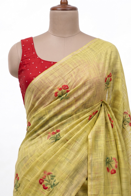 Iraaya Cotton Blend Jamdani Gold Saree