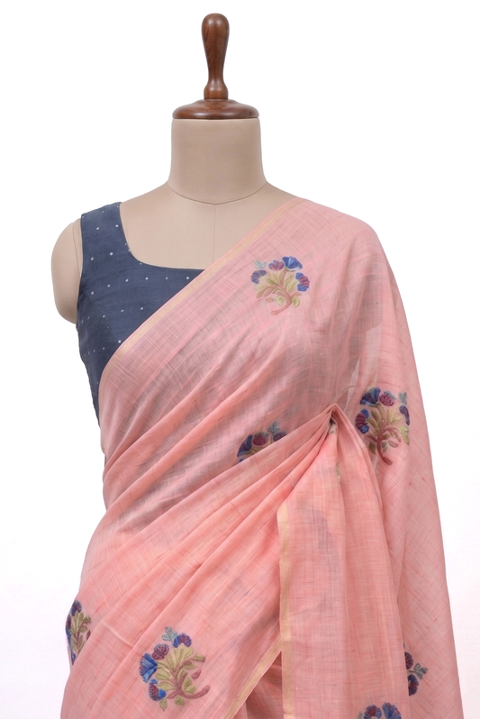 Iraaya Cotton Blend Jamdani Baby Pink Saree