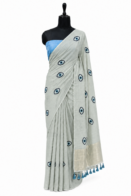 Noor-e-Nazar Cotton Blend Evil Eye Baby Blue Saree