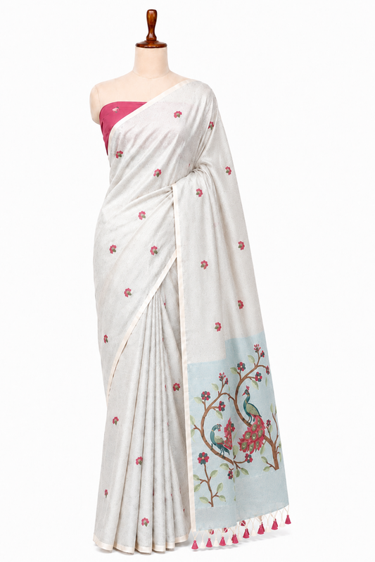 Mayura Vasant Spun Polyester Jamdani Blue Saree.