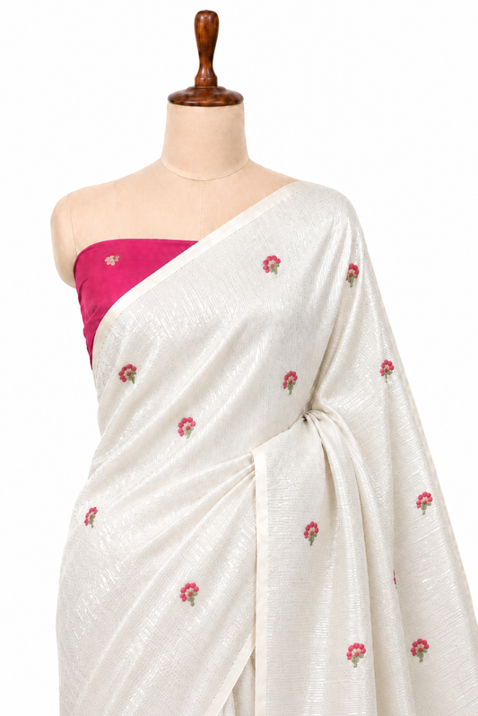Mayura Vasant Spun Polyester Jamdani Blue Saree.