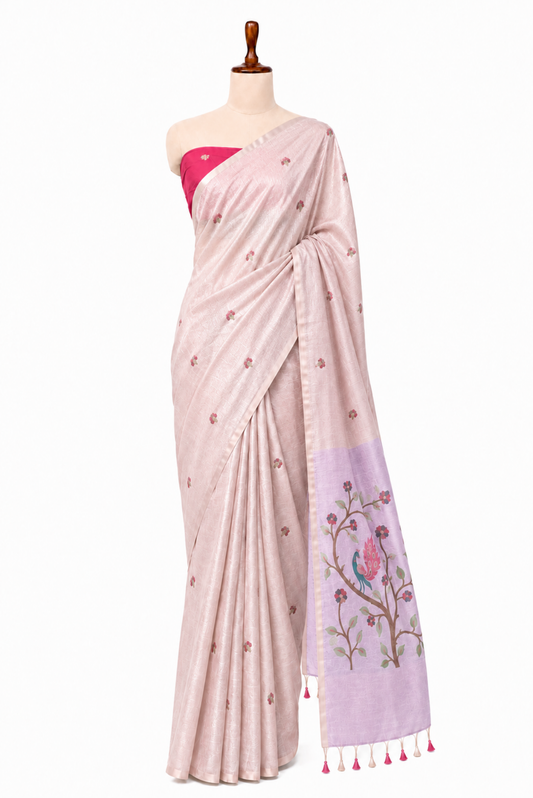 Mayura Vasant Spun Polyester Jamdani Bubblegum Pink Saree.