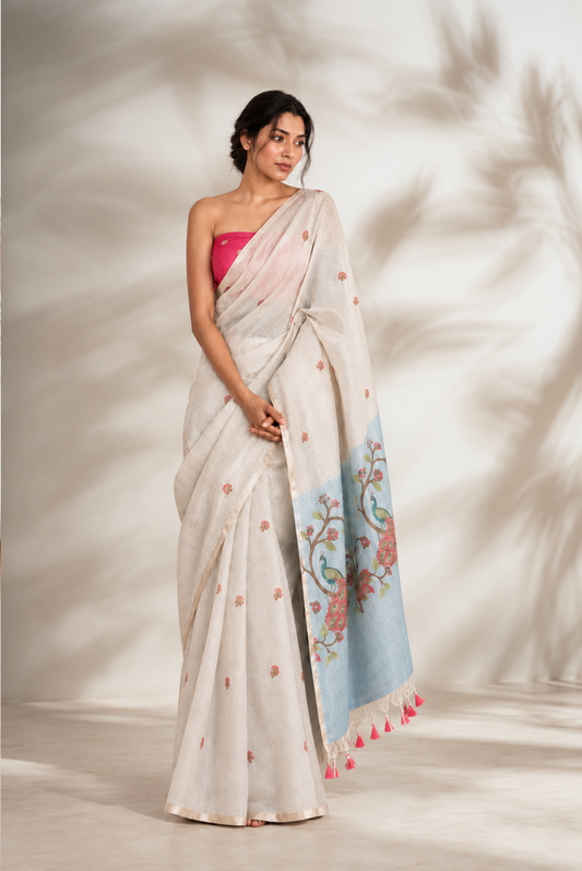 Mayura Vasant Spun Polyester Jamdani Blue Saree.