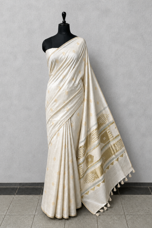 Ivory + Gold Warli Art Jacquard Saree