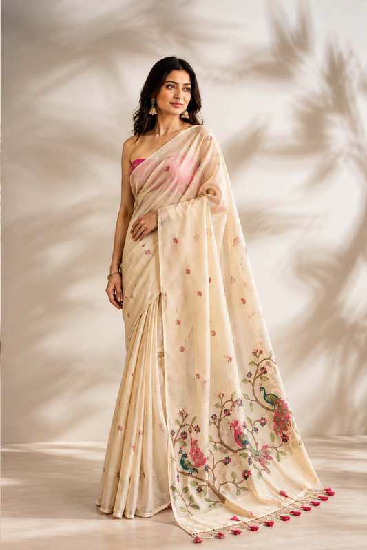 Mayura Vasant Spun Polyester Jamdani Yellow Saree.