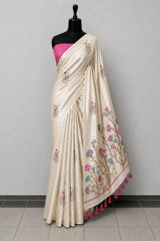 Ivory Tissue Saree with Jacquard Floral Vine Pallu