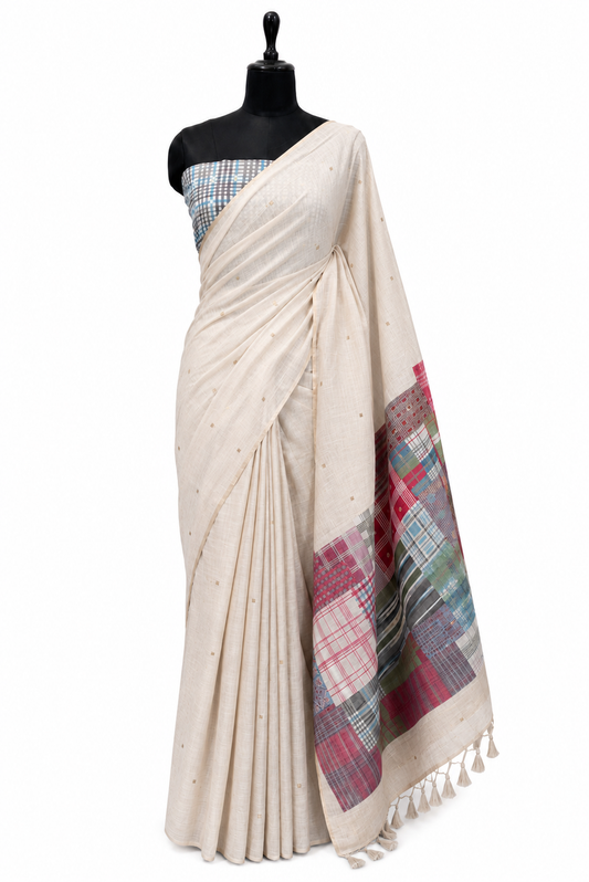 Gamcha Cotton Blend Ivory-Black Grey Saree