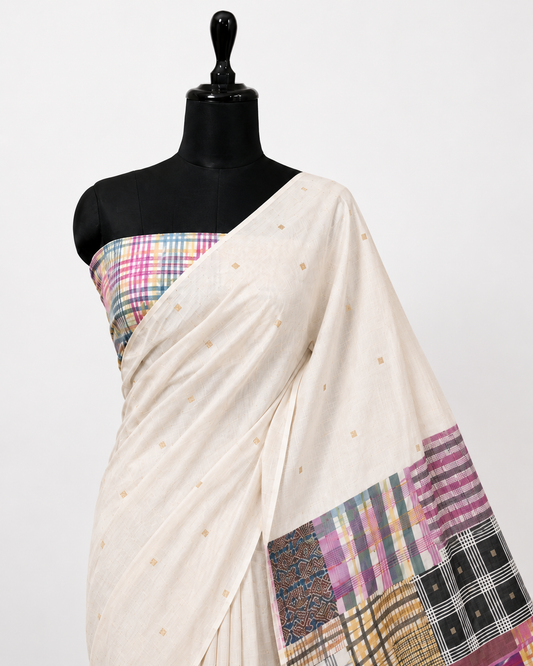 Gamcha Cotton Blend Ivory-Magenta Rama Saree