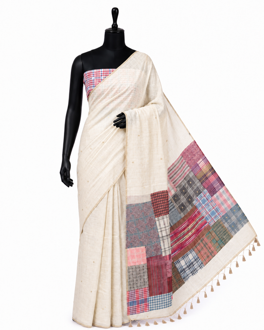 Gamcha Cotton Blend Ivory-Raspberry Sunsetorange Saree