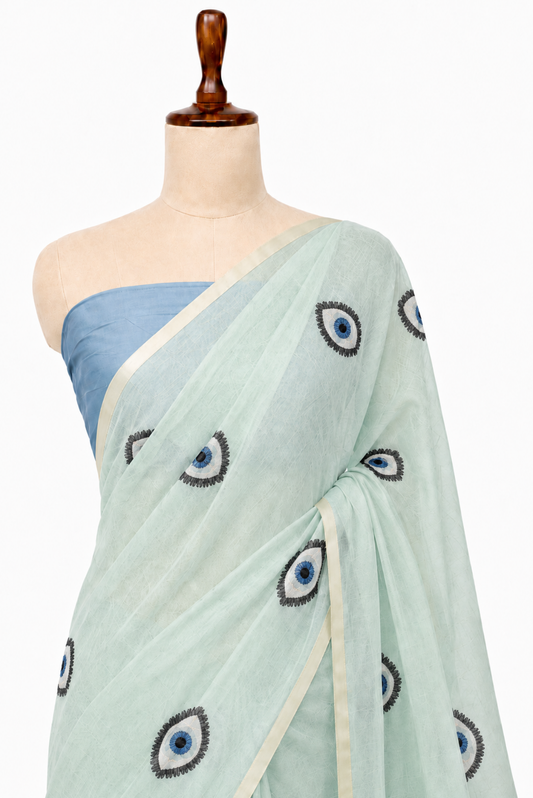 Noor-e-Nazar Cotton Blend Evil Eye Baby Blue Saree