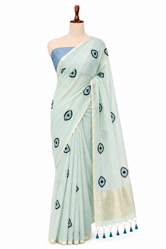 Noor-e-Nazar Cotton Blend Evil Eye Baby Blue Saree