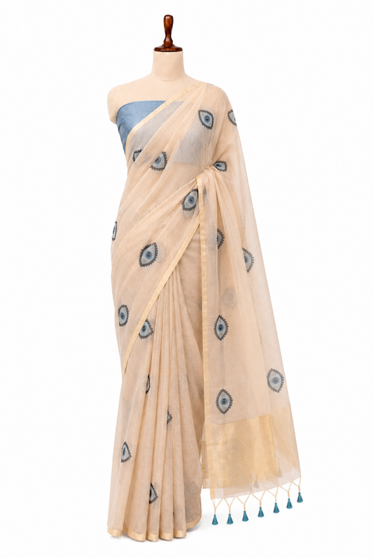 Noor-e-Nazar Cotton Blend Evil Eye Baby Pink + Blue Saree