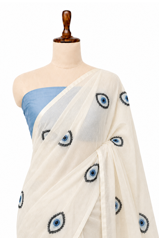 Noor-e-Nazar Cotton Blend Evil Eye Off White + Blue Saree