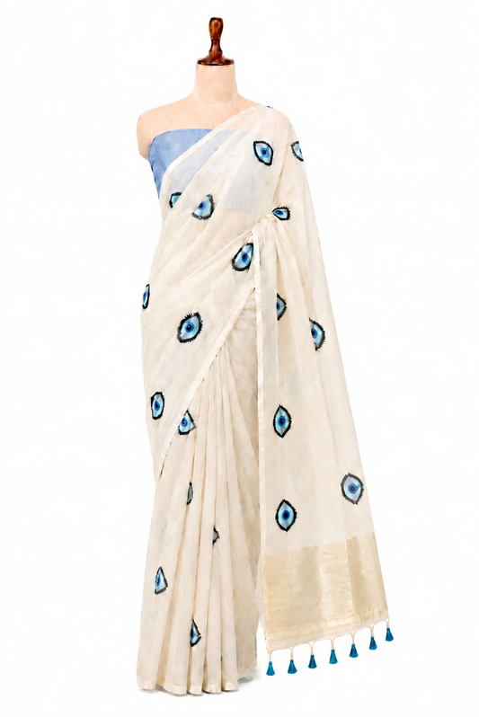 Noor-e-Nazar Cotton Blend Evil Eye Off White + Blue Saree