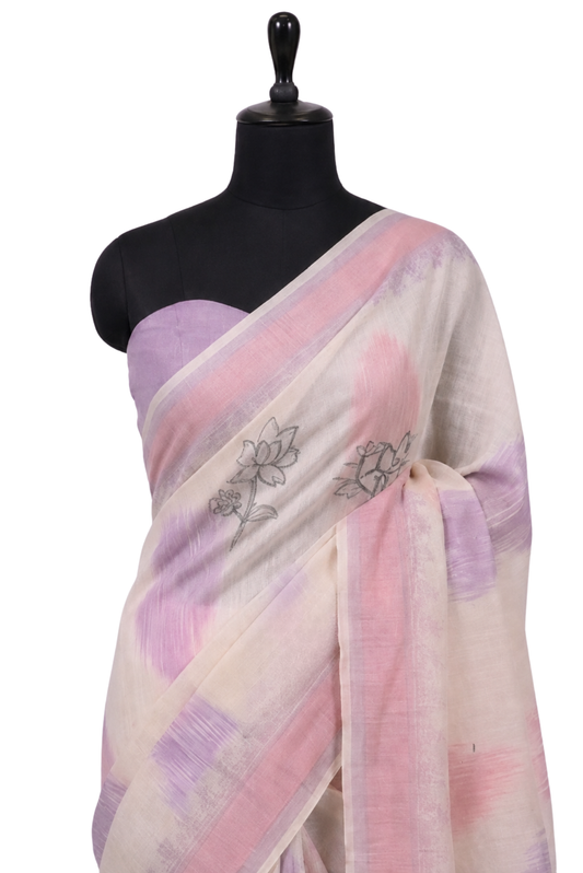 Rang Kavya Poly Linen Ikkat Lavender Pink Saree