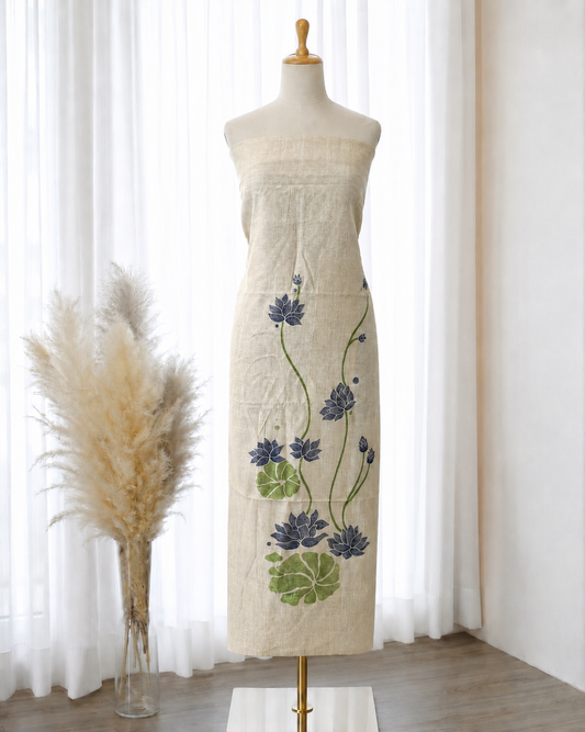 White Navy Blue Lotus Print Linen Suit Set