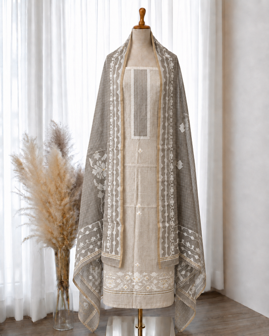 White & Grey Jacquard Weave Linen Suit Set.