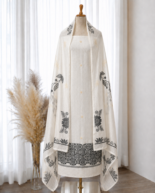 White-Black Jacquard Viscose 3-Piece Suit Set