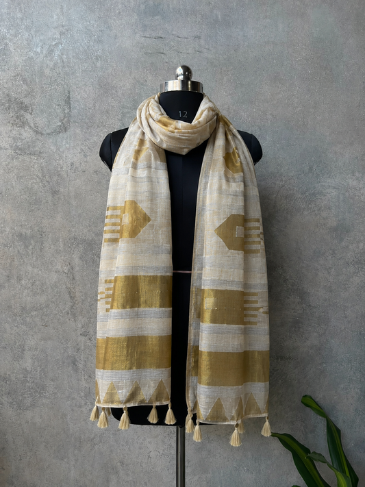 Ivory Dupatta with Mustard-Gold Jacquard Arrow & Zari Motifs